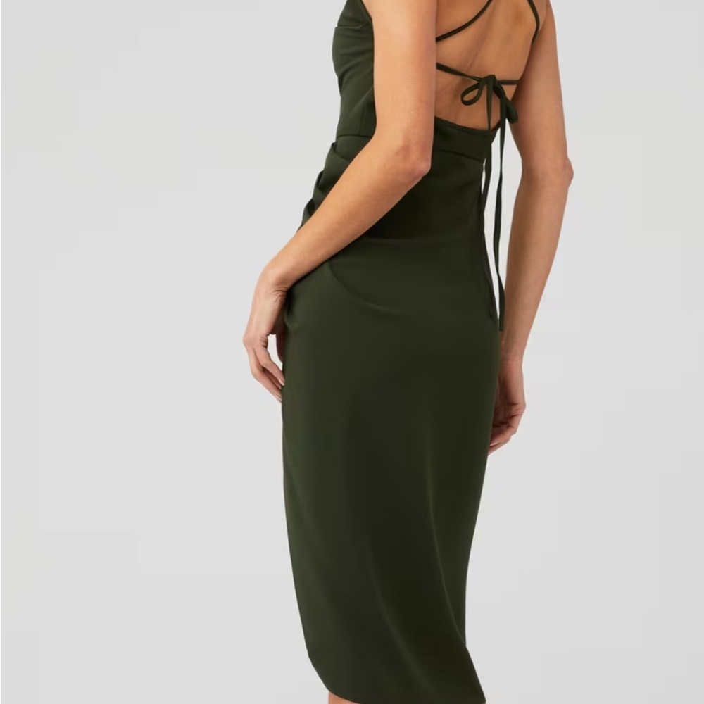 Elegant Olive Green Ruched Dress - Picture 2 of 9